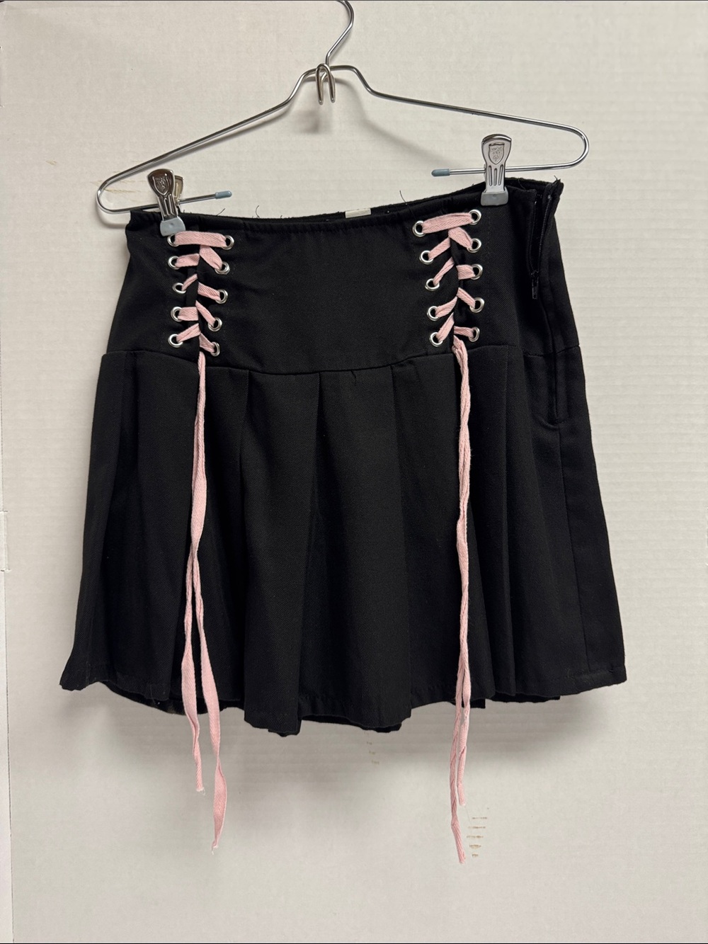 Hot Topic Black Pleated Mini Skirt with Pink Lace-Up Detail